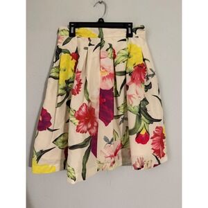 Beulah Style Floral Pleated A-Line Midi Skirt Cream Red Yellow Tropical CS8007 M